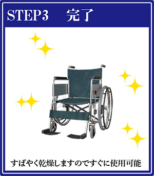 車椅子をすばやく乾燥します！STEP3 すばやく乾燥しますのですぐに使用可能